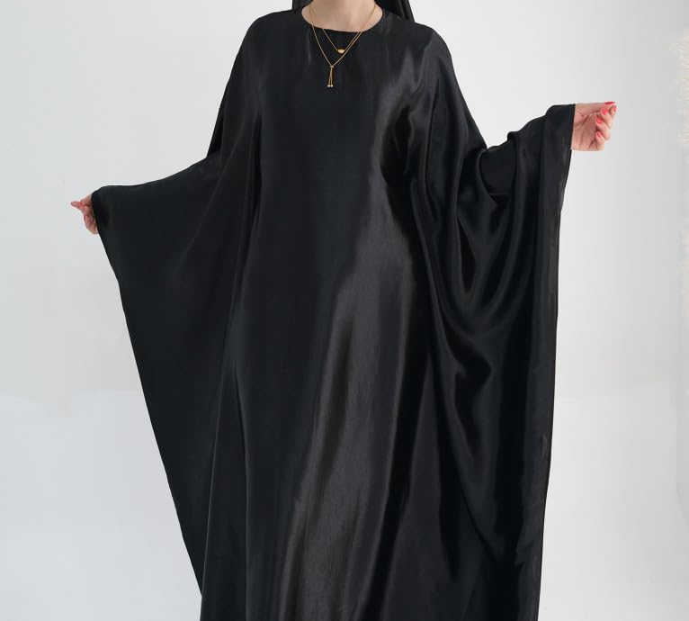 Muslim Dress Women Abaya Elegant Satin Prayer Dress Batwing Long Sleeve with Hijab Arab Islamic Dubai Ramadan Robe - color: Black