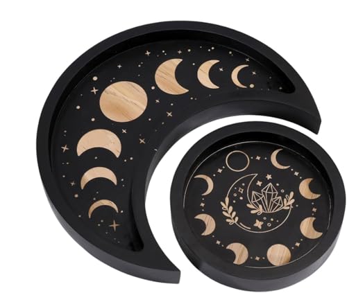 GLOBLELAND Crescent Moon Tray Crystal Holder Set for Stones Display Black Wooden Crystal Tray with Round Jewelry Dish Essential Oil Holder Witchy Gifts for Women
