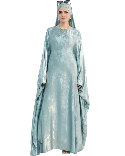 Luxury Dubai Style Abaya and Hijab Set, Breathable Modest Prayer Dress with Belt Loose Fit Muslim Robe - color: Sapphire Sky, size: Large(2)