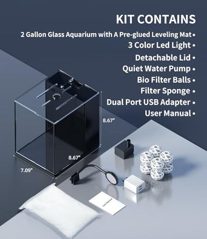 2 Gallon Glass Fish Tank Kit with Hidden Filtration Light Lid Rimless | Black Background, Dry-wet Separation Filtration, Self-cleaning, Ultra-quiet, Adjustable Water Flow, for Betta Shrimp Guppy