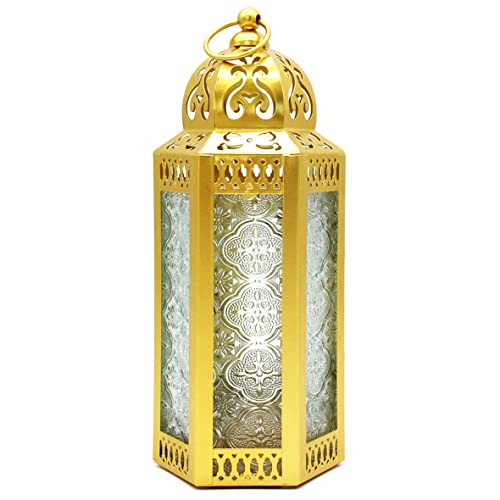 CVHOMEDECO. Decorative Candle Lantern Moroccan Lanterns Vintage Golden Metal Lantern Holder for Home Patio Outdoor Decor. Clear Glass, Medium - color: Clear G