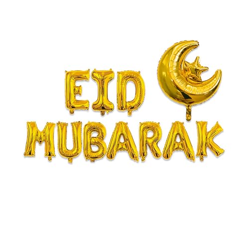 11Pcs Eid Mubarak Balloons Banner 16’’ Eid MUBARAK Foil Balloons Gold Star Moon Mylar Balloon Kit Eid Decorations for Ramadan Celebrations Eid Mubarak Party Supplies
