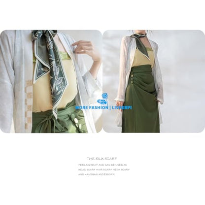 Silk Feeling Head Scarf Fashion Satin Hair Scarf Square Long Scarves for Women Gifts - color: 02 Green Plant Leaf /5.12 X 59 Inch