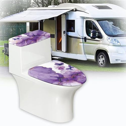 Purple Marble Butterfly Toilet Lid Dust Cover & Toilet Tank Lid Cover 2PC Elastic Edge Machine Washable Fits Most Toilet Lids Home Decor - color: Purple Marble Butterfly