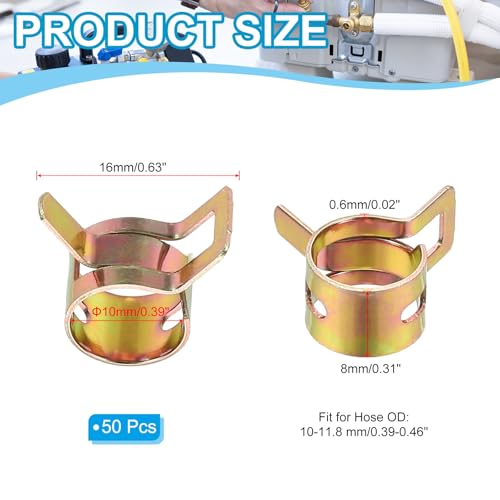 PATIKIL Spring Band Hose Pipe Clamps for 10-11.8 mm OD Hose, 50 Pack Silicone Vacuum Constant Tension Band Clips for Fuel Line Silicone Air Hose Tube Water Pipe, Gold - size: 10-11.8 mm