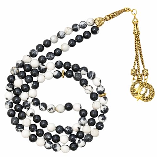 Amazing Gemstone Crystal Tasbeeh with Moon and Star Charm - Certified Crystal Muslim Prayer Beads Natural Gemstone Tasbih Gift for Ramadan Dhikr and Daily Namaz (G) - color: Black and White Jasper