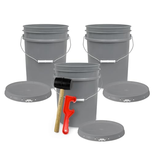 5 Gallon Bucket w/Lid, Food Grade BPA-Free, 3 Pack, Gray | Airtight Lid, Mallet and Lid Opener Included, Heavy-Duty 90 Mil HDPE Plastic, Food-Safe Durable Container, Made in USA - color: Gray, size: 3 Packs