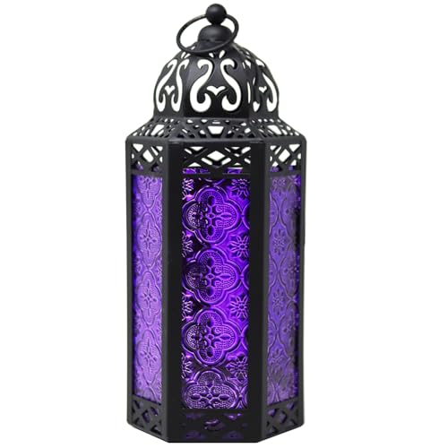 Vela Lanterns Decorative Indoor Moroccan Gothic Candle Holder, Purple, M | Whimsigoth Witch Room Decor, Hanging Lamp, Bedroom Table Centerpiece, Halloween Lantern, Iron Metal, 10.5" Tall - color: Black/Purple, size: Medium