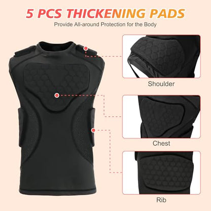 Youth Football Padded Shirt, Chest Rib Protector, Compression Padded Vest with 5-Pad for Sports Paintball Football Baseball Lacrosse - size: X-Large, style: Black