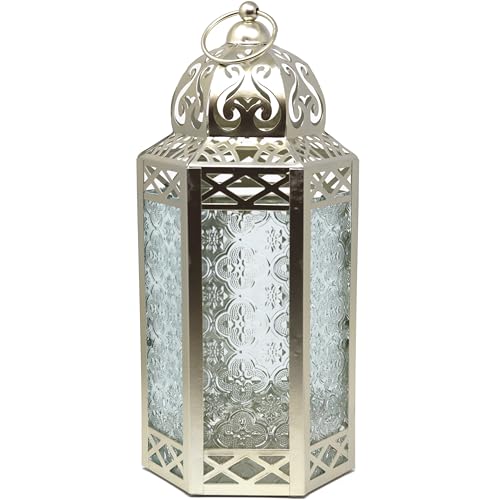 Vela Lanterns Decorative Indoor Candle Holder Table Centerpieces - Moroccan Hanging Outdoor Patio & Porch Home Decor, Turkish Lamp for Wedding, Ramadan (Large 12", White Gold) - color: White Gold/Clear, size: Large