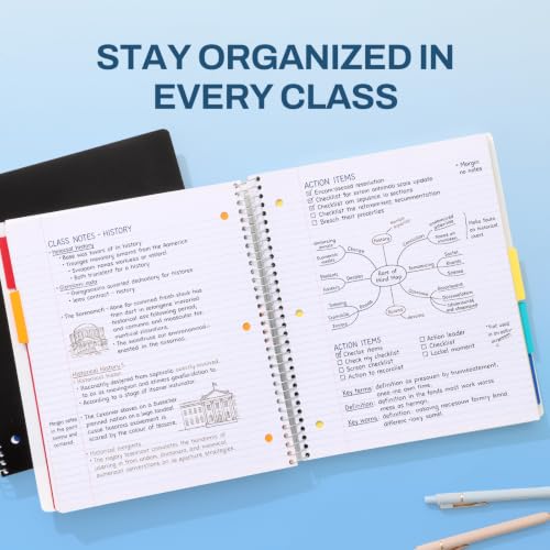 SUNEE 5 Subject Notebook College Ruled - 400 Pages, 9"x11", 5 Pocket Colored Dividers, 3-Hole Punched Paper, Black - color: Black, style: College Ruled