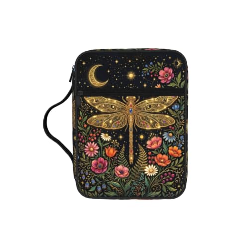 Dragonfly Flowers Bible Cover Case with Handle and Zippered Pocket - color: Dragonfly Flowers