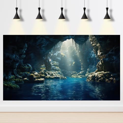 Aquarium Background Underwater Cave with Blue Water and Sunbeams Terrarium Backdrop Fantasy Rocks Moss Sun Rays Fish Tank Background Cave Landscape Tank Wallpaper Poster Vinyl 24x12in - color: Cave Dark Blue, size: 24(W)x12(H)inches/ 60(W)*30cm(H)