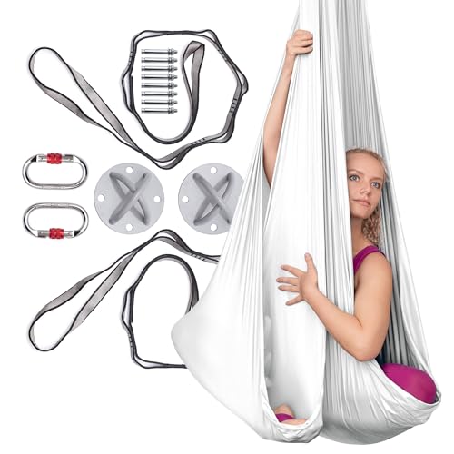 AyuHome Aerial Silks Kit for Home - Premium Yoga Swing for Adults with 660 lbs Capacity - Versatile Aerial Yoga Hammock for Gymnastics Training - color: Aerial silk - White - New