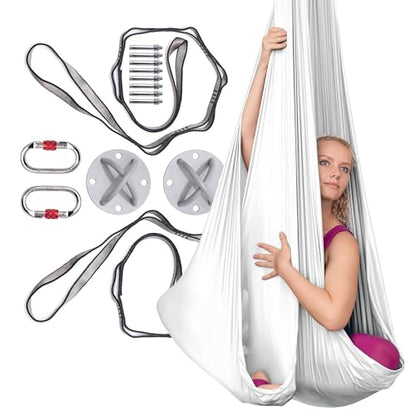 AyuHome Aerial Silks Kit for Home - Premium Yoga Swing for Adults with 660 lbs Capacity - Versatile Aerial Yoga Hammock for Gymnastics Training - color: Aerial silk - White - New