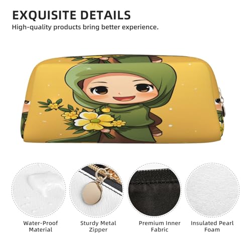 Cartoon Muslim Girl print Pencil Bag waterproof Zipper Pencil Case Leather Pen Box Cosmetic Bag For Office Pencil - color: Gold