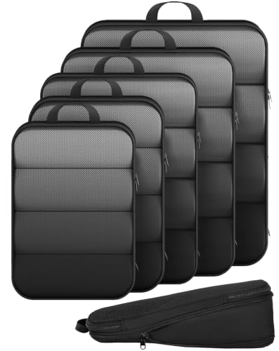 Veken 6/9/11 Set Compression Packing Cubes for Travel Essentials,Compressible Expandable Large Luggage Suitcase Organizer Bags for Clothing,Space Saver Bags with Over 1000 pcs of Mesh Holes(Black) - color: Black, size: 6 set