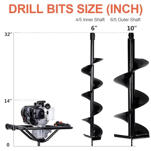 DC HOUSE 52cc 1800W Gas Powered Earth Auger EPA Certified Post Hole Digger, with 2 Drill Bits 6" 10", Mixing Ratio 30:1, for Fence, Farmland and Garden - size: 52cc+2 bit(6“10”)