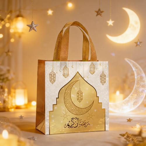 Yssreey Eid Mubarak Reusable Gift Bags 12pcs Ramadan Goodie Bags with Handles Non Woven Treat Bags for Ramadan Kareem Eid Mubarak Party Supplies