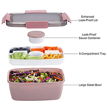 Caperci Large Salad Lunch Container - Adult Bento Lunch Box with 68 oz Salad Bowl, 5-Compartment Tray, 2pcs 3-oz Sauce Cups, Stackable, BPA-Free (Pink) - color: Pink