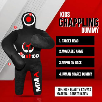 Bestzo Kids MMA Grappling Dummy - Unfilled Canvas Wrestling & BJJ Training Partner for Karate, Judo & Boxing (48-Inch) - color: Black
