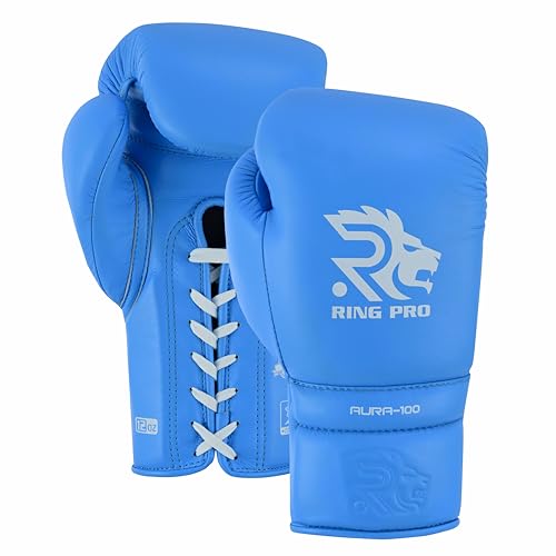 Aura 100 Full Grain Leather Lace Up Boxing Gloves for Men & Women – Professional Training, Sparring, Competition, Muay Thai, Kickboxing & Heavy Bag Gloves - color: Cyan, size: 14 OZ