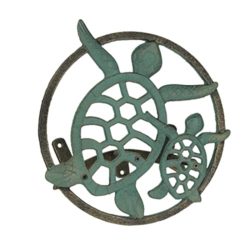 Sea Turtle Garden Hose Holder, 11.75 Inch Diameter Verdigris Cast Iron | Wall Mounted, 5.75 Inch Deep, Holds About 75 Feet of Hose, Three-Point Mounting Hardware Included - color: Sea Turtle - Green