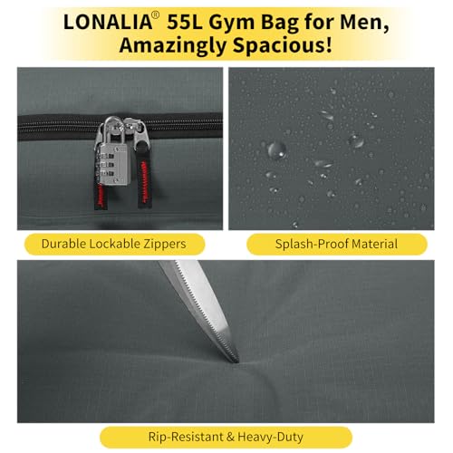 55L Large Sports Duffle Gym Bag for Men, 22 inch, Gray | Heavy Duty, Gym Duffel Bag, Multi Pockets, Spacious - color: Grey
