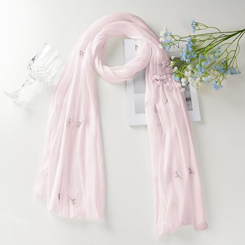 Shinny Threat Hijab Flower Embroidery Shawl Scarf Summer Cool Headwrap | Shinny Threat, Flower Embroidery - color: Light Pink