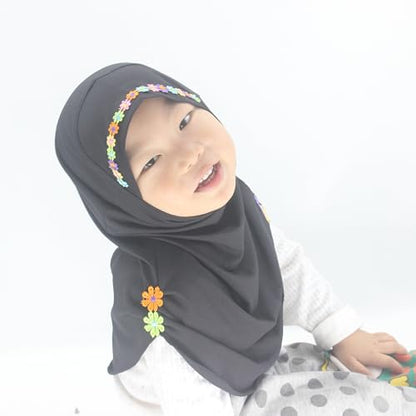Girls Instant Hijab – Soft Kids Muslim Scarf with Flower, Breathable One-Piece Headscarf for Toddlers Age 2-8 - color: Small Flower-black