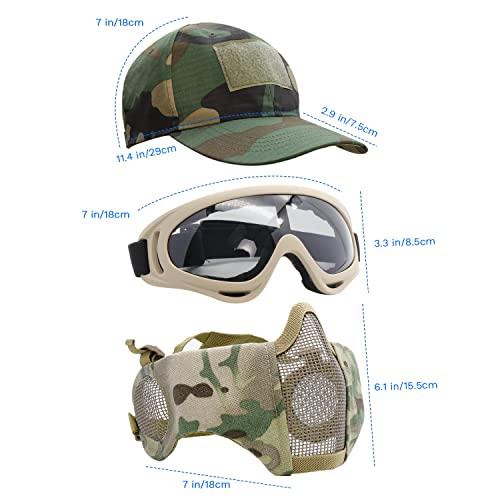 Airsoft Mask with Goggles, Foldable Half Face Airsoft Mesh Mask with Ear Protection for Paintball Shooting Cosplay CS Game - color: camouflage-3pcs, size: 3pcs