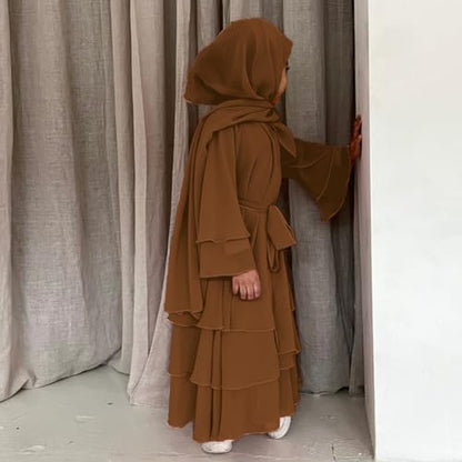 Kids Abayas Dress for Girls Muslim Dress with Hijab Chiffon Layered Islam Kaftan Robe Open Front Cardigan Prayer Dress - color: Coffee, size: 4-5 Years