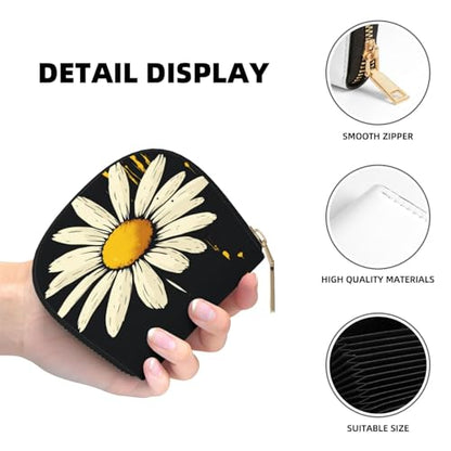 Stylish Daisy RFID Blocking Semi Circle Card Holder PU Leather Zipper Wallet Pouch Keychain Bag for Women Men, Slim Small Credit Card Case Organizer with 12 Slots - color: Stylish Daisy