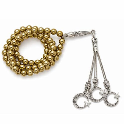 Amazing Gemstone Golden Hematite Tasbeeh with Moon and Star Charm - Certified Crystal Muslim Prayer Beads Natural Gemstone Tasbih for Ramadan Dhikr and Daily Namaz (S) - color: Golden Hematite