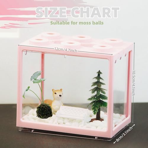 Small Sea Monkey Tank, Stackable Mini Betta Fish Tank Tinny Aquarium Kit with Aquarium Gravel, Moss Ball Tank Shrimp Tank 0.27 Gallon Acrylic Cube Fish Bowl for Shrimp Snails - color: Pink