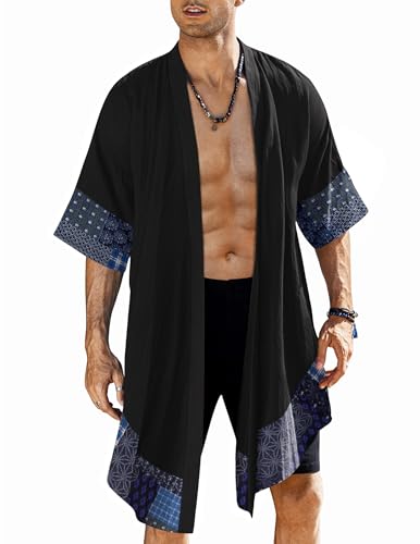 COOFANDY Men's Long Shawl Collar Linen Cardigan Lightweight Kimono Robe - color: A_black, size: X-Large
