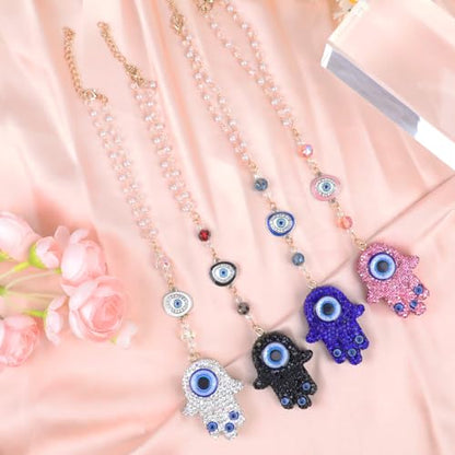 White Crystal Hamsa Hand Evil Eye Car Mirror Charm Ornament - color: White