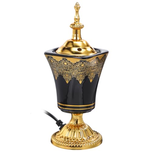 VOSAREA Electric Incense Burner, Arabian Style Electric Bakhoor Burner, 7.66 in Ceramic Censer for Home, Office, Yoga, Tea Room Tabletop Decor (Black, US Plug)