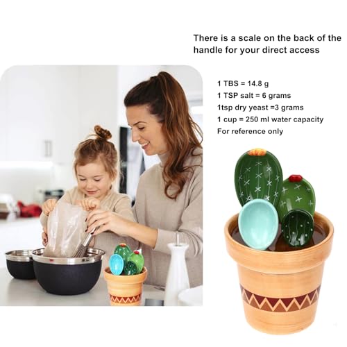 5 Pieces Measuring Spoons Set/Ceramics Spoons and Measuring Base Cup/for Dry and Liquid Ingredient, Cute Cactus Shape (Wave base) - color: Wave base