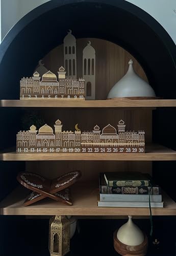 Wooden Ramadan City Countdown Calendar | 30-Day Advent Calendar for Kids & Home | Solid Wood Ramadan Decorations with Gold Metal Moon