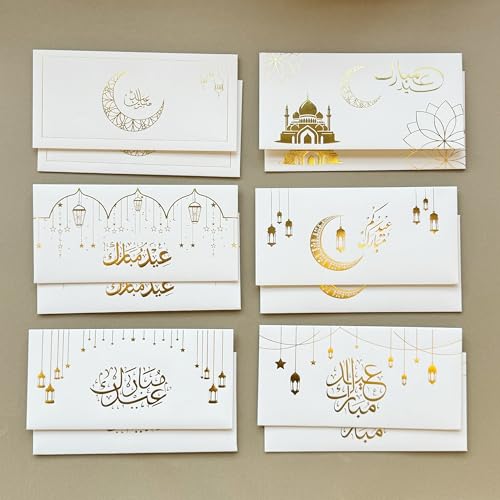 6 Eid Envelopes, Super Thick White Kraft Paper, Golden Stamping Process Is Simple and Advanced. During Ramadan and Eid, Envelopes Size Can Be Used to Carry Cash.