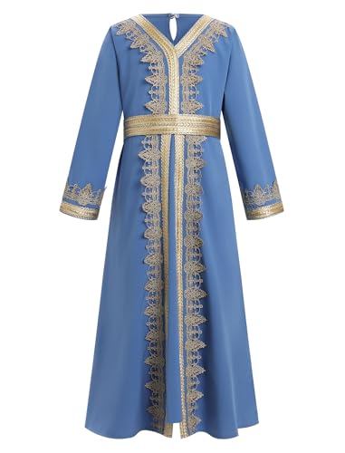 Muslim Dress for Kids Girls Abaya Middle East Ramadan Long Sleeve Lace Prayer Dress Arabic Kaftan with Belt - color: Blue, size: 9-10 Years