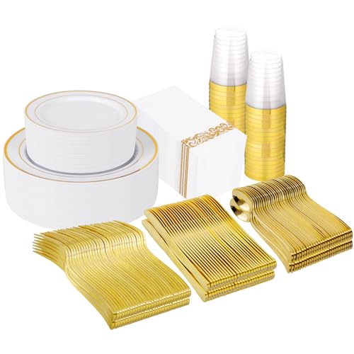 White and Gold Plastic Dinnerware Set for 50 Guests | Party Plates - color: 400pcs White and Gold Plastic Dinnerware