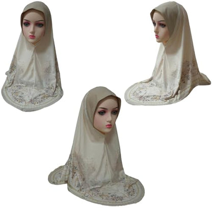 Ready To Wear Instant Hijab 여아용 무슬림 슬립온 키마르 꽃무늬 히잡 스카프 여성용 히잡 이슬람 아바야 터번 - color: 아이보리 1#