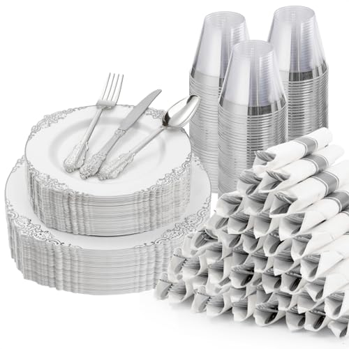 Bestluck 350PCS Silver Plastic Plates for 50 Guests - color: Silver, size: 50 Guests Set