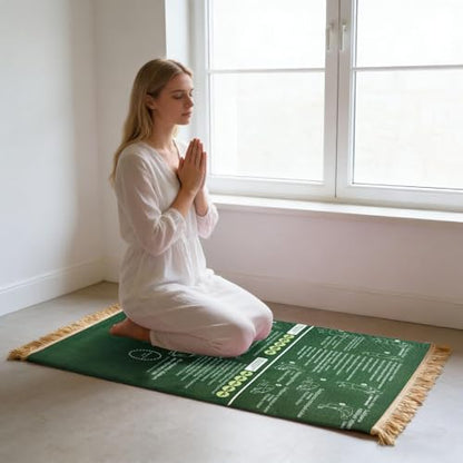 Bilingual Guided Prayer Mat with Direction Finder, Read in English and Say It in Arabic Guided Prayer Mat for Salah and Meditation (Green, L)
