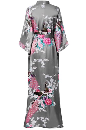 BABEYOND Women's Kimono Robe Long Satin Robes with Peacock and Blossoms Printed Kimono Nightgown - color: Silver Gray, size: One Size Plus
