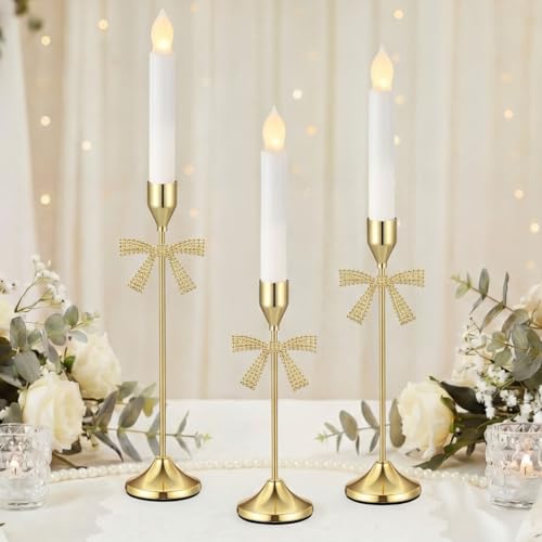 Ceenna 3 Pcs Gold Bow Taper Candle Holders, 3 Size Candlestick Holders - style: Bow