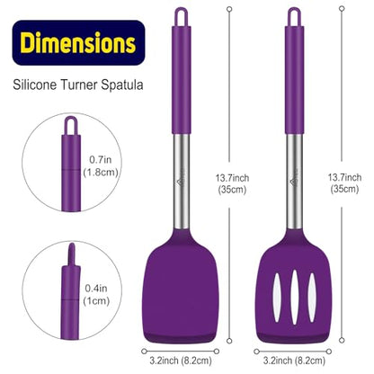 HOTEC Silicone Spatula Set of 2 Heat-Resistant 600°F & BPA-Free Kitchen SaptulaTurner with Stainless Steel Handles, Slotted & Solid Spatulas for Nonstick Cookware, 13.7 Inch, Purple - color: Purple