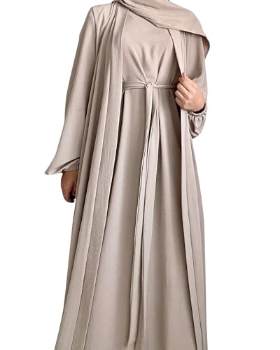 Women's Muslim Dress Two Pieces Set Islamic Prayer Abaya Modest Solid Color Muslim Outfits - color: Khaki Abaya and Khaki Hijab, size: Medium